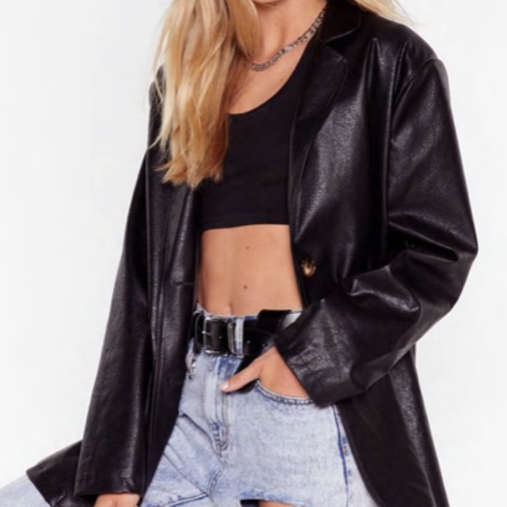 Faux Leather Single Breasted Blazer